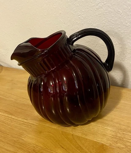 Vintage Anchor Hocking Royal Ruby Red Swirl Tilt Ball Pitcher Vertical Swirl 8"