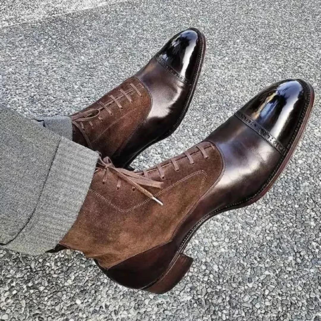 's Two Tone Leather,suede Oxford Cap-toe Lace Up High Ankle 