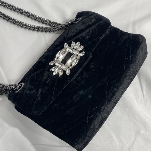 Kurt Geiger Black Quilted Velvet Chain Shoulder Bag Embellished - Picture 2 of 11