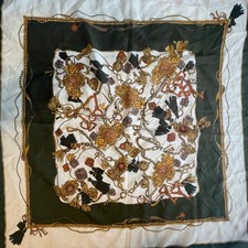 Olive Equestrian Design Square Scarf Made in Italy 30" x 30" Chains Keys Tassels