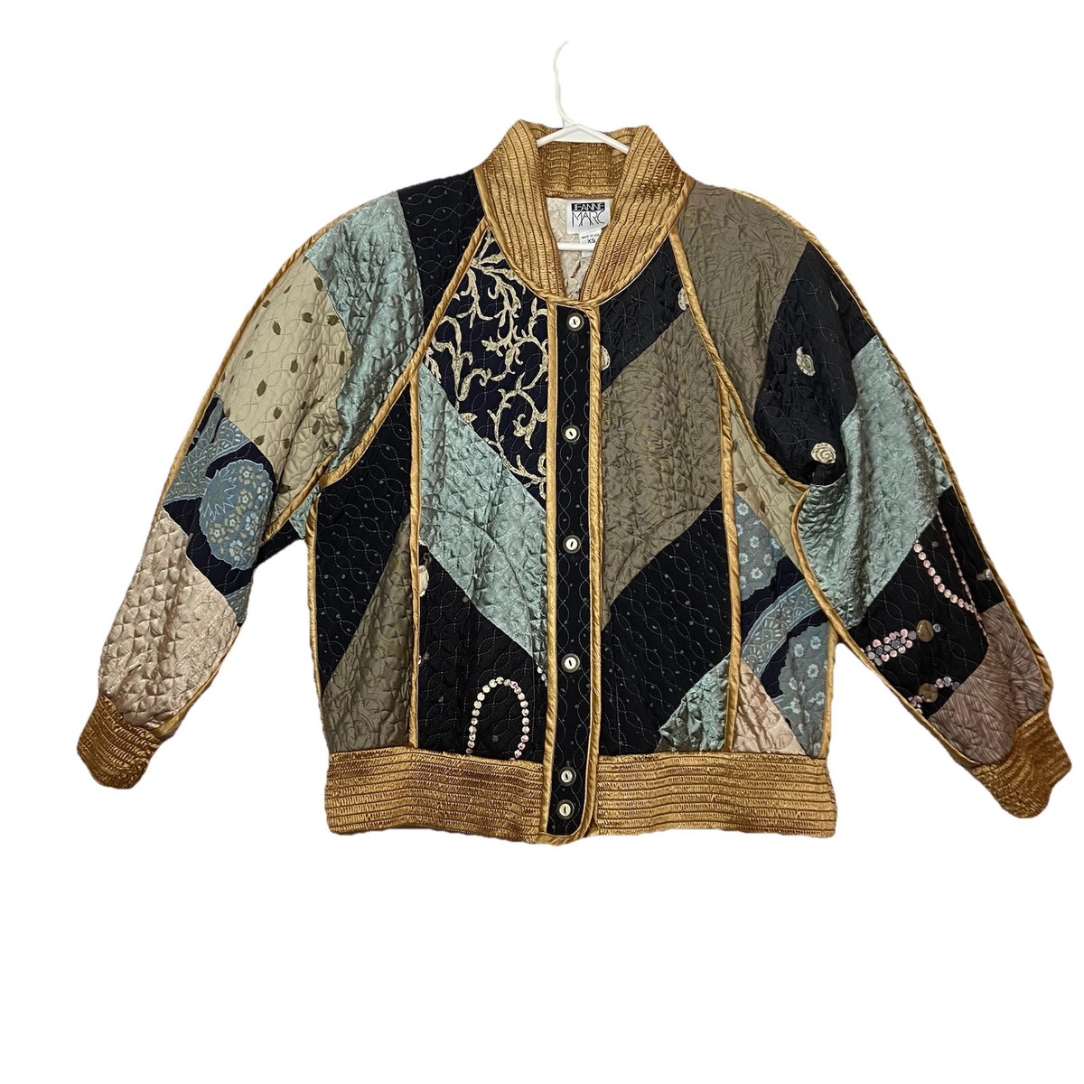Vtg 80s Jeanne Marc Quilted Designer Jacket Gold Ruching Art Wear 