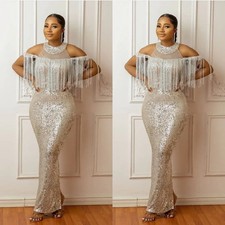 Elegant Sequin Mermaid Evening Dresses Sparkly Tassel Formal Gown Plus Size