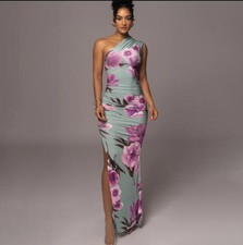 Women's Fashion Sexy Floral One Shoulder Slit Hip Package Slim Long Dress