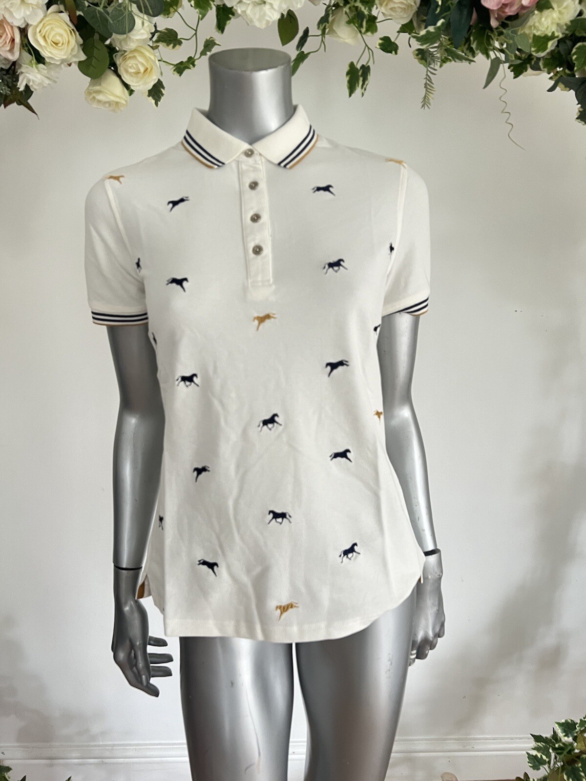 JOULES Polo T Shirt Top Badminton Size 10 Cream Embroidered Horse NEW OK61