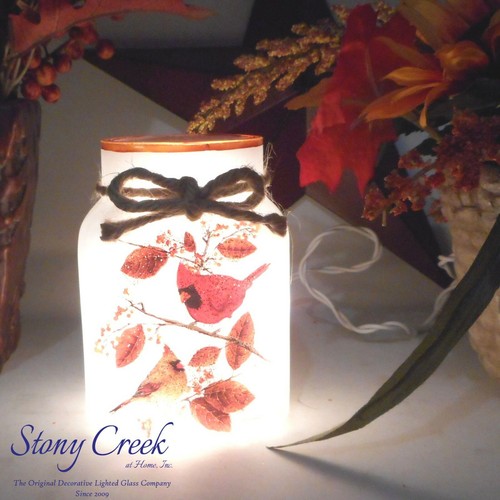 Stony Creek Decorative Lighted Glass Cardinal Pair Fall Aspen 4.5" Jar BCA72 - Picture 3 of 10
