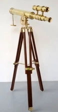 Elegant Golden Finished Brass Double Barrel Telescope with Wooden Tripod Stand
