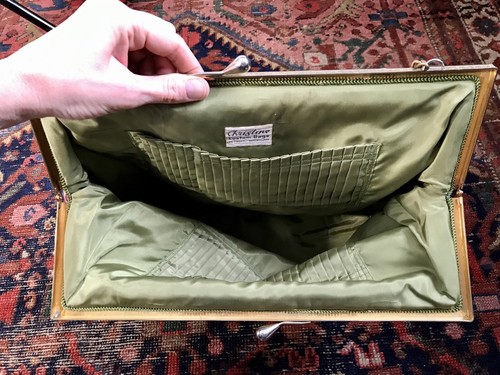VTG Large Needlepoint Bag Purse Ivory Floral Gold Tone Chain Satin Lined Tote - Picture 5 of 11