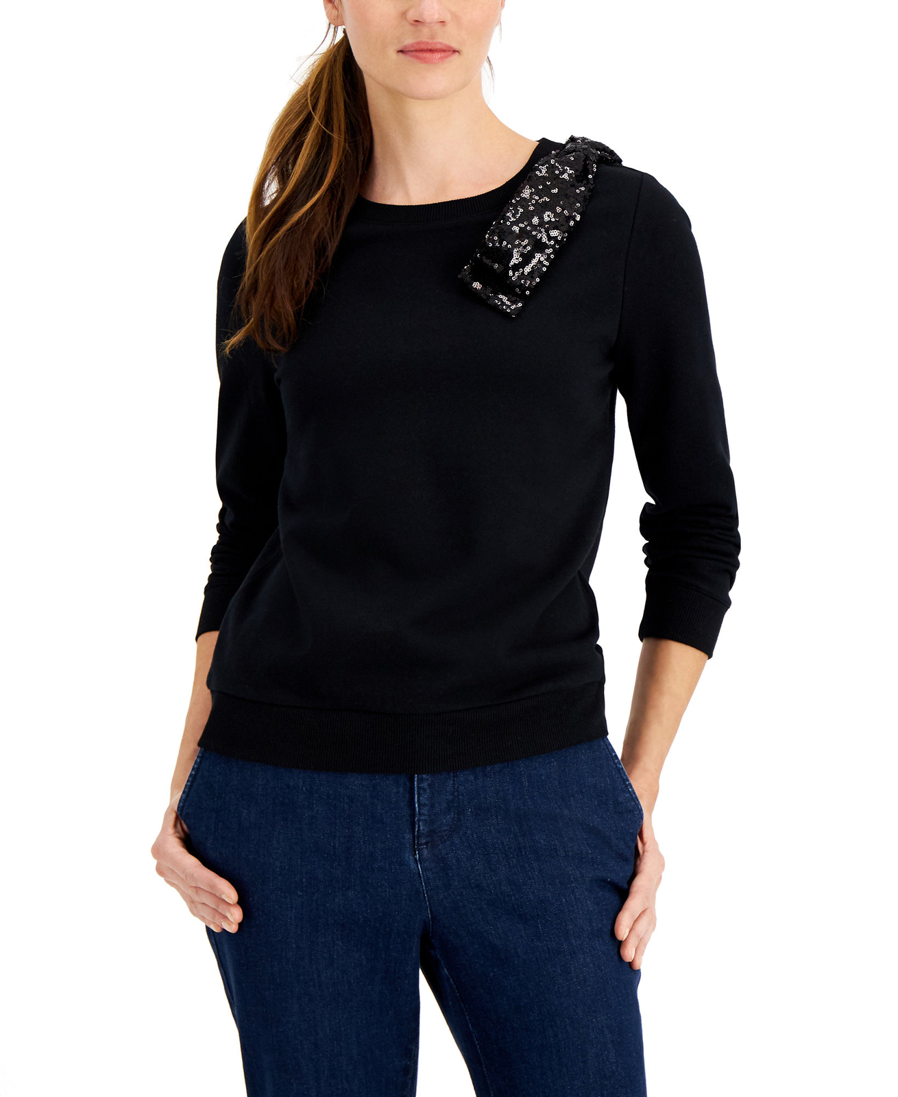 Charter Club Women's Sequined Bow Long Sleeve Top (X-Small, Deep Black)