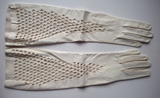Smocked cutwork vintage leather opera long gloves size 7 ivory