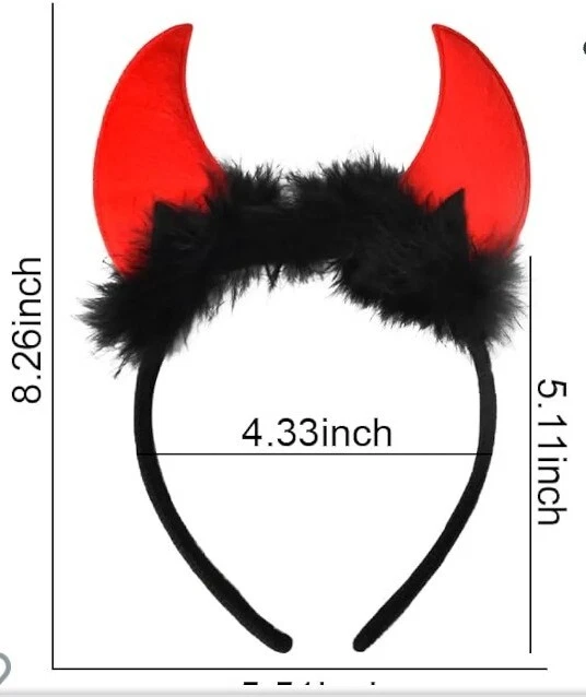 FUZZY RED DEVIL HORNS w/ Black Fur PLASTIC HEADBAND  Halloween COSTUME UNISEX  - Image 3 of 4