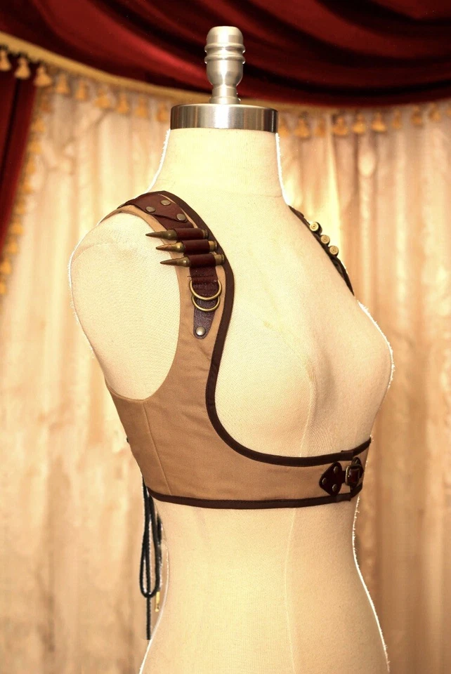 Bullet Steampunk Harness, Beige/brawn Cotton/leather Laced Back/L/preowned/Rare - Image 3 of 4