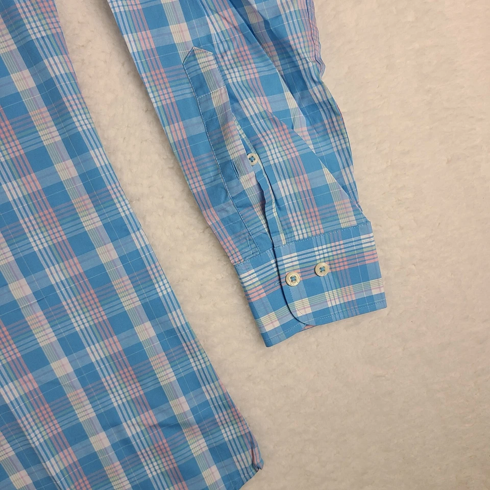 Peter Millar Shirt Mens Medium Blue Pink Green Plaid Dress Button Up - Image 2 of 4