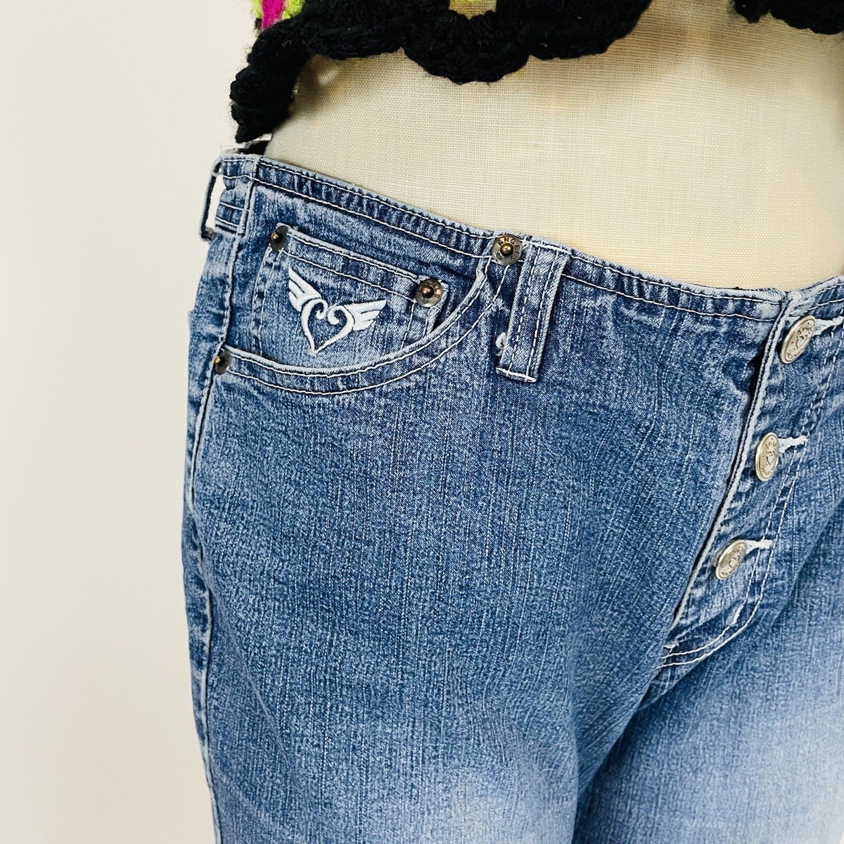 Vintage Y2K Angels Button Fly Flare Jeans Womens Rhinestone