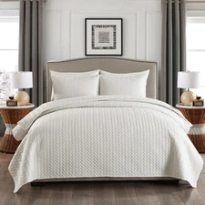 3 Piece Embossed Reversible Bedspread Coverlet Quilt Set Bedding Cover - Ivory