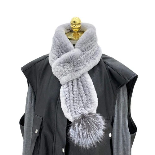 Real Rex Rabbit Fur Scarf Winter Warm Neckerchief Fox Fur Pom pom Fluffy Soft - Picture 1 of 24