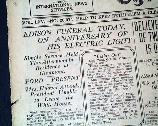 THOMAS ALVA EDISON Electric Light Bulb Inventor Death FUNERAL 1931