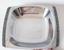 Vintage Stainless Steel 9.5" Square Serving Dish Bowl Floral Side Handles Japan