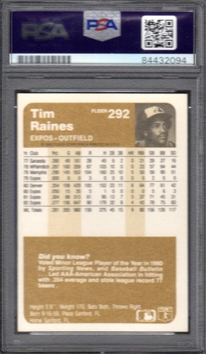1983 FLEER #292 Tim Raines EXPOS SIGNED AUTOGRAPH CARD PSA / DNA AUTHENTIC B - Picture 2 of 2
