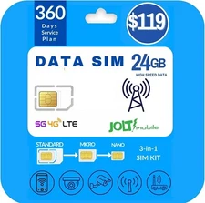 Jolt Mobile Data SIM Card - 24GB Internet 360 Day Data Plan on AT&T 5G 4G LTE US