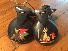 Vintage Pair Of Wooden Castanets Hand Painted Instruments w/ Colorful Motif