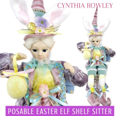CYNTHIA ROWLEY POSABLE EASTER BUNNY EAR ELF w/ STRIPE & RHINESTONE POINTED HAT S