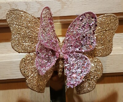 1pc Gold/Pink Sequin Glitter Butterfly Clip-on Ornament/Centerpiece Deco 7x 4.75