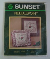 Vtg Mauve FLORAL ROSE IVORY LACE Needlepoint Kit Sunset 6316 Pillow or FramE