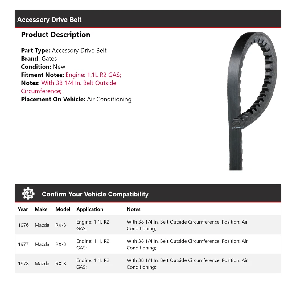 Para Mazda RX-3 1976-1978 1,1 L R2 GAS Accesorio Correa de transmisión Puertas de CA Foto 2 de 4