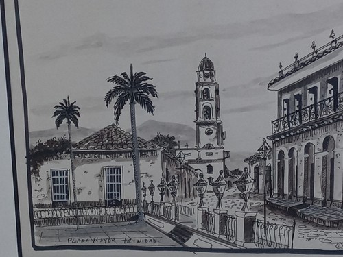 Plaza Mayor Trinidad Original Drawing Framed Wall Art Herr 2012 - Picture 3 of 12