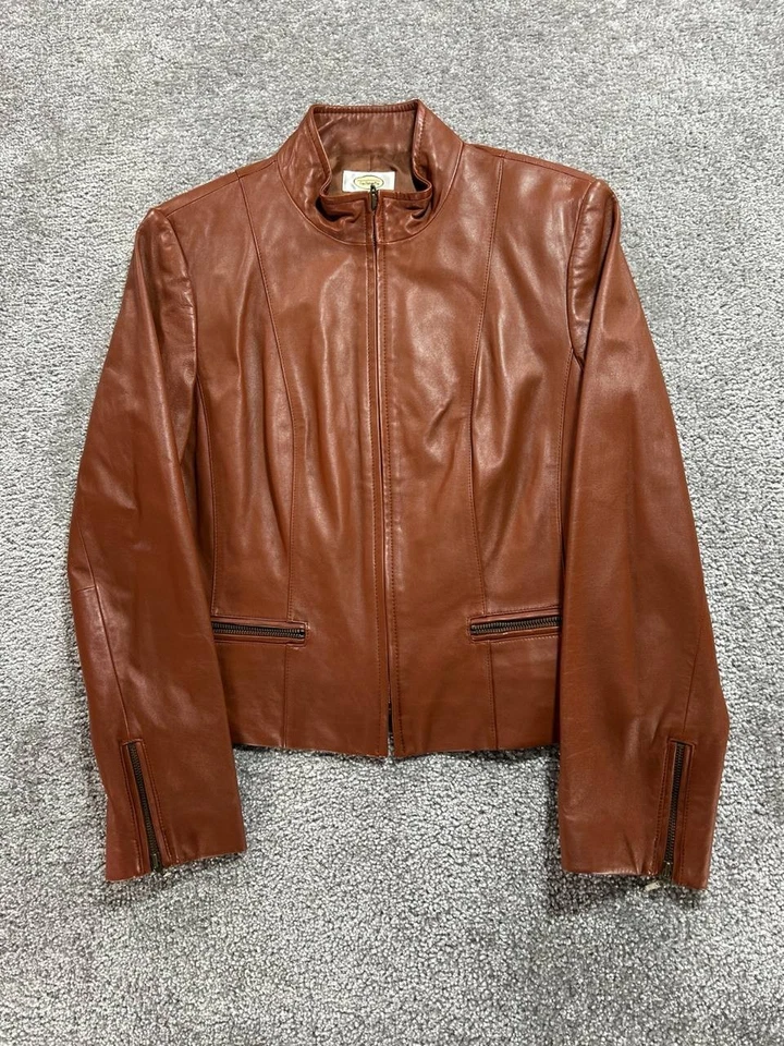 Chaqueta de motociclista de cuero ajustada Talbots para mujer 12 marrón forrada cuello falso carreras Foto 2 de 4