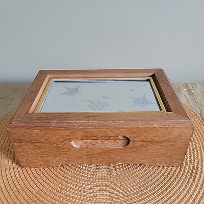 Vintage Wooden Jewelry Box Etched Mirror Top w/ Gold Accent Vanity Trinket