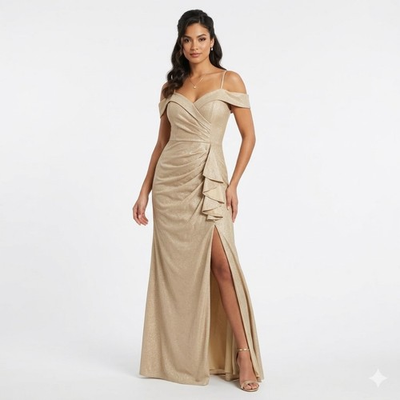 #ad #ad Champagne Maxi Dress with Ruched Bodice and Off Shoulder Detail SIZE L $45.00