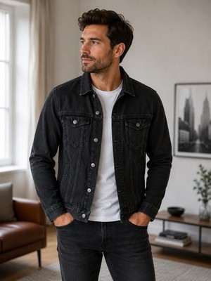 Bershka Herren Jeansjacke Denim Schwarz Gr. XL Umlegekragen Knopf Taschen kurz