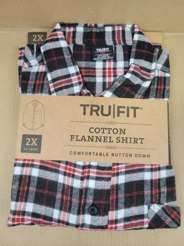NWT TRU|FIT Men's Cotton Flannel Shirt Red Grey Black Plaid Button Down image 3