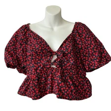 Band of the Free LA Strawberry Print Cropped Top Women XL Black Red Puff Sleeve