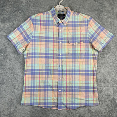 Nordstrom Shirt Men Large Muted Pastel Plaid SS Flap Pocket 100% Cotton Easter