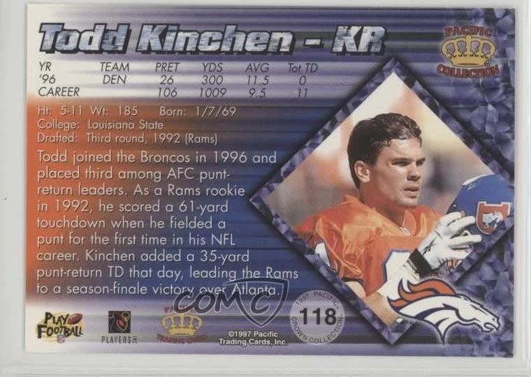 1997 Pacific Crown Collection Silver Todd Kinchen #118 - Image 2 of 2