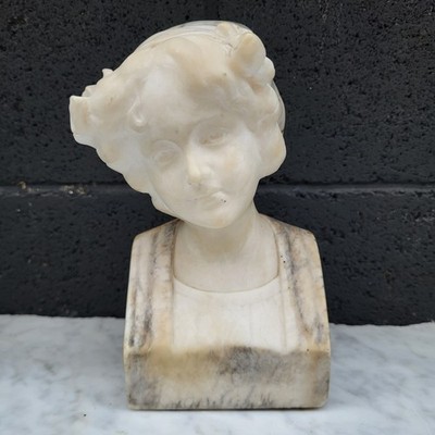 19th Century Alabaster Marble Bust Statue Young Woman Signed Boheme Italy France