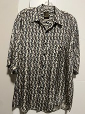 Men’s Bruno 100% Silk Button Down Short Sleeve Shirt Medium Brown Blue Cream