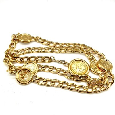 CHANEL Chain Belt Coco GOLD MEDAL With Coin Motif Vintage 35.4
