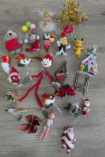Vintage Job Lot Of Old Assorted Christmas Tree Hanging Figures/Birds & Baubles