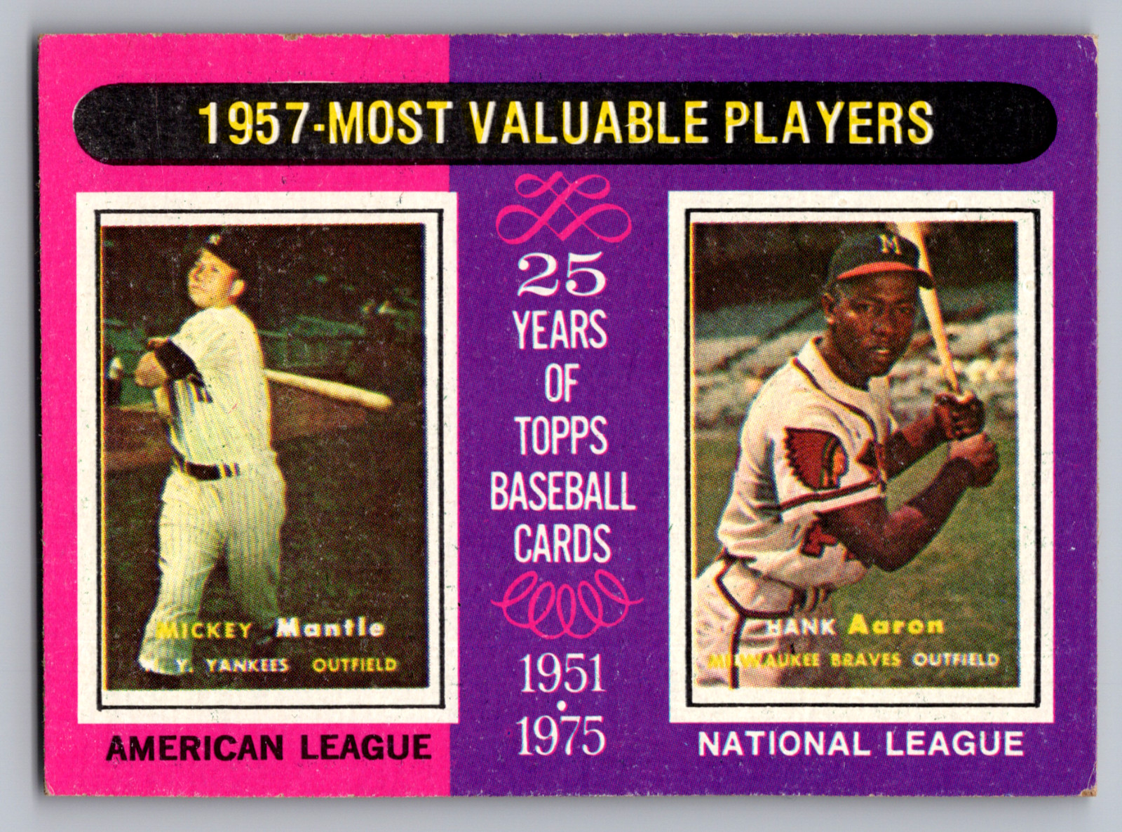 1975 TOPPS #195 MICKEY MANTLE YANKEES & HANK AARON BRAVES 1957 MVP