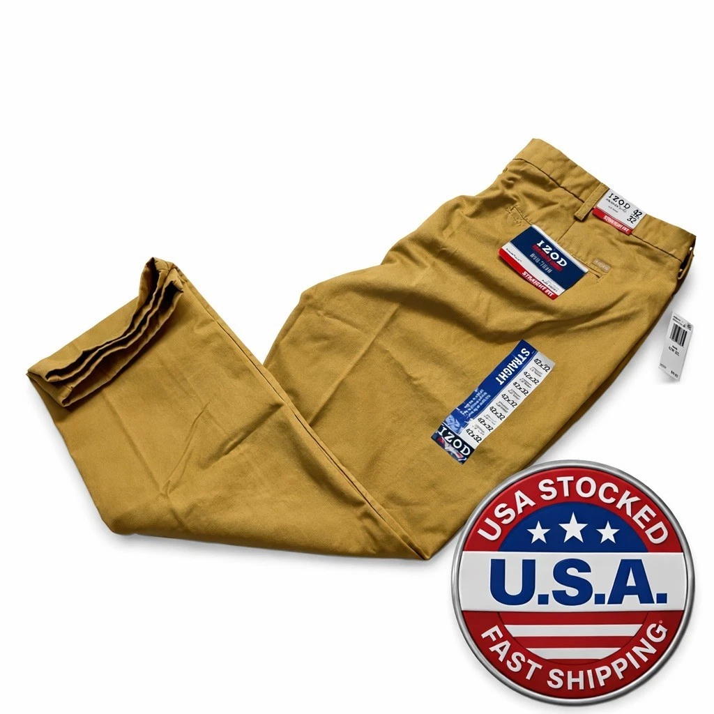 Men’s 42x32 Khaki Chino Pants IZOD American Straight Fit Flat Front NWT