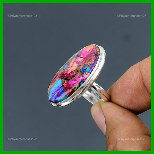 Natural Kingman Pink Dahlia Turquoise Stone Promise New Ring 925 Sterling Silver - Picture 9 of 11