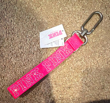 PINK - Pink Rhinestone Logo Keychain Strap Wristlet Lanyard w/ Carabiner Clasp