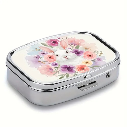 Pink Floral Rabbit Design Metal Pill Box - 2 Compartment Portable Size - Picture 5 of 8