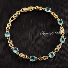 Womens 14K GOLD FILLED Blue Aquamarine Filigree Links Dress BANGLE BRACELET Gift