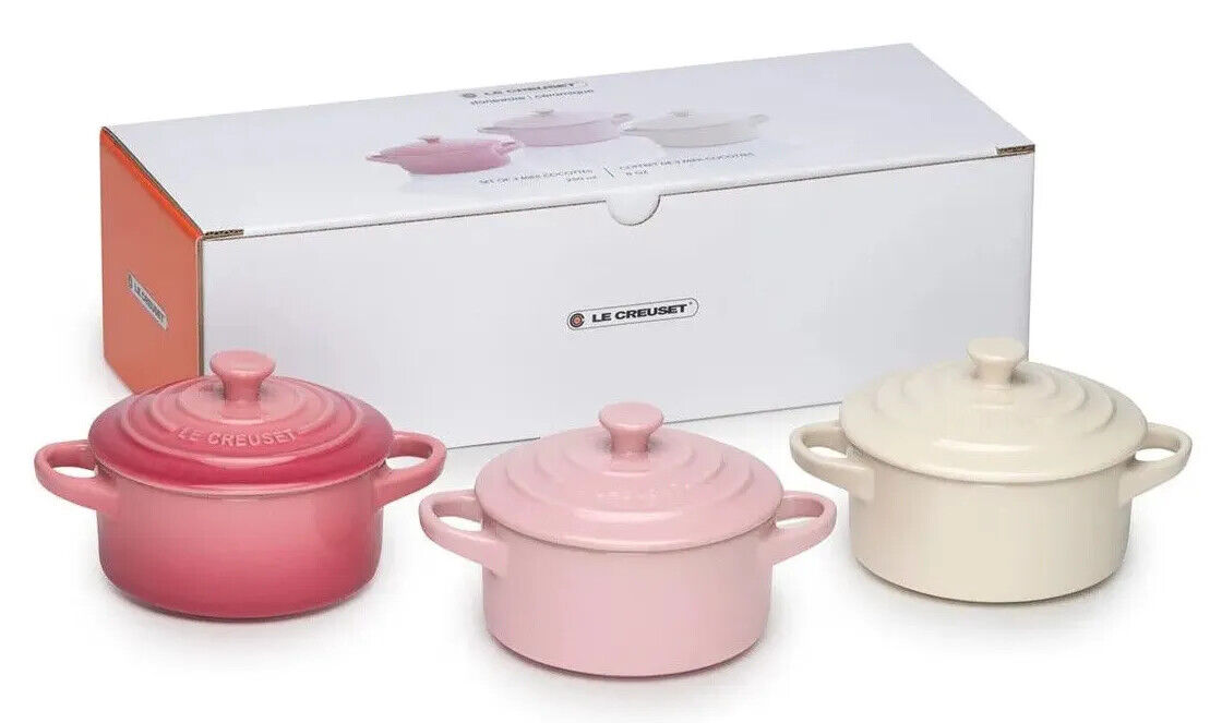 NEW in BOX Le Creuset 3 PC SET MINI ROUND COCOTTE Pink Ivory NEW in BOX Le Creuset 3 PC SET MINI ROUND COCOTTE Pink Ivory