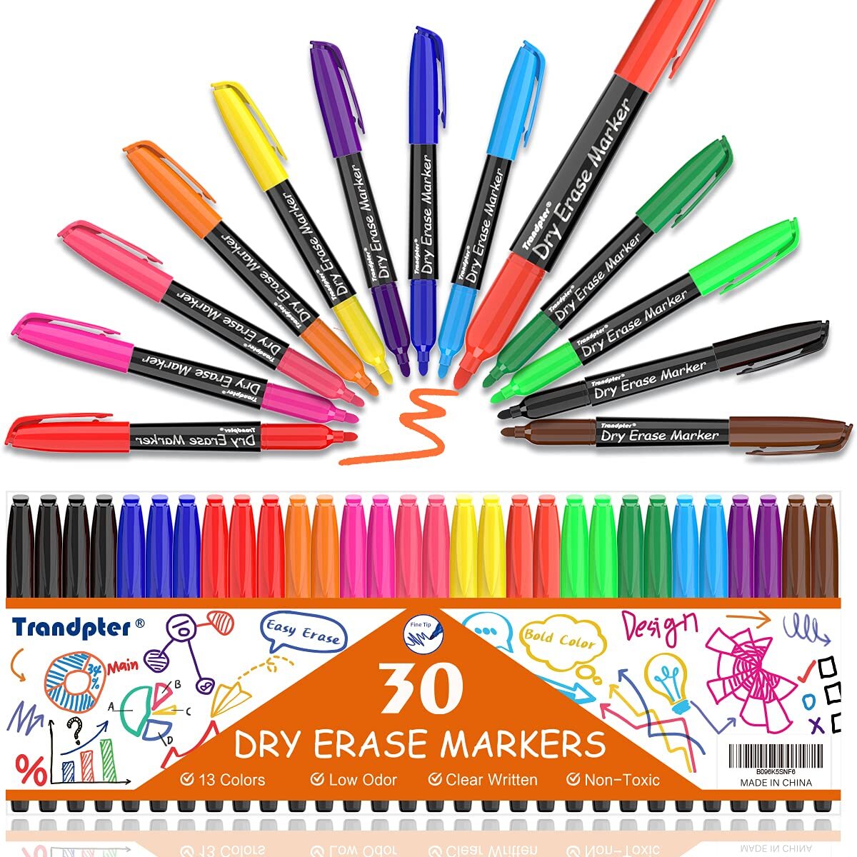 Fine Tip Dry Erase Markers30 Pack13 Assorted Colors Fine Point Whiteboard Mar...