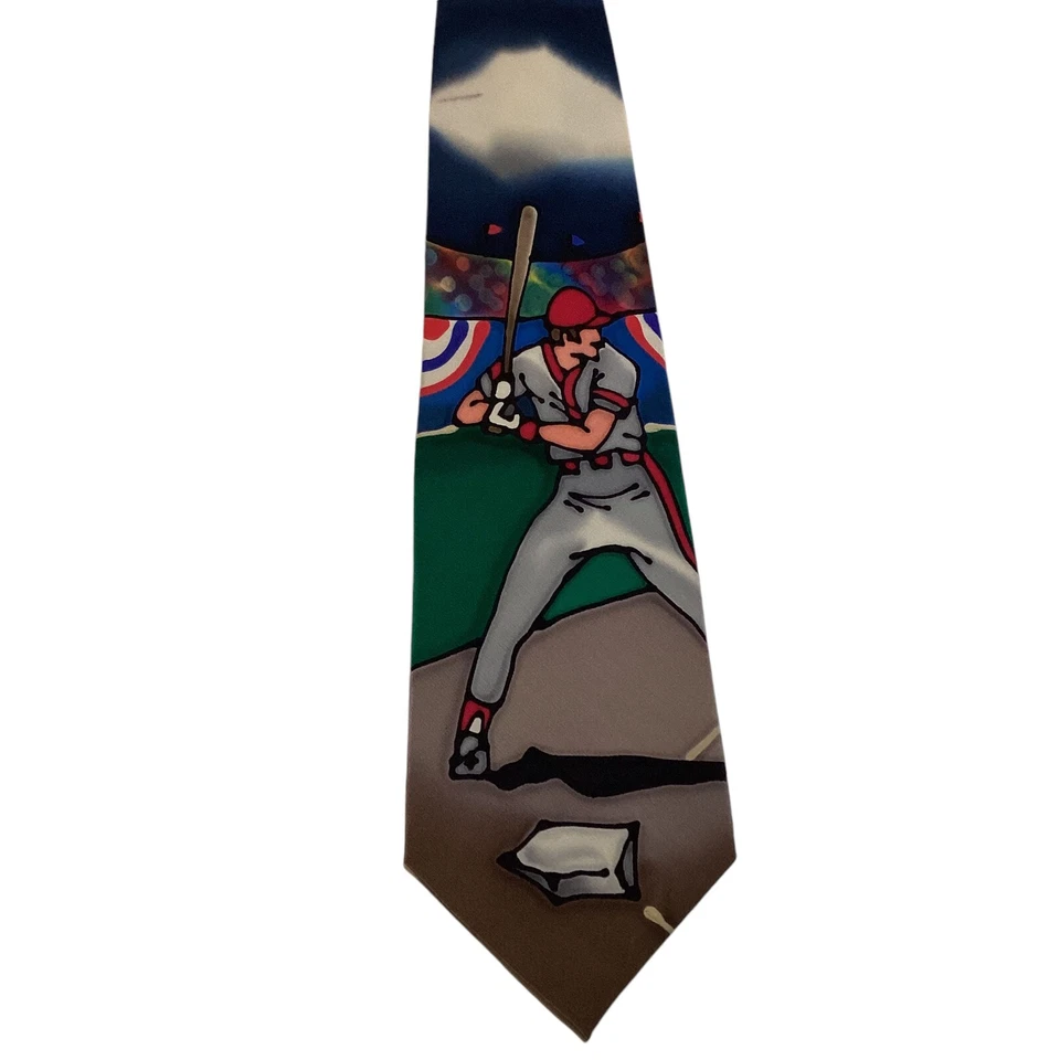 Corbata de Seda ROBERT DASKAL Diseñador EE. UU. Pintada a Mano BÉISBOL Azul/Multi Nueva con Etiquetas Foto 2 de 3